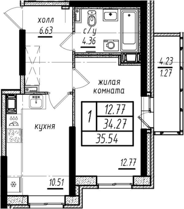 1-комнатная квартира 35.54 м², 3/25 эт., ЖК «Северная Долина»